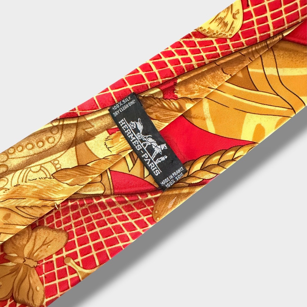 Hermes Silk Tie Mens OS Red Gold Butterfly Lattice Pattern Made in France